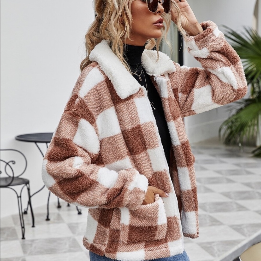 Brown white plaid collar pocket fall teddy coat - Picture 5 of 6